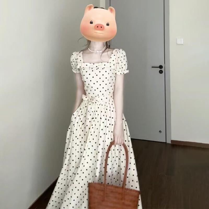 French-Style Elegant Puff-Sleeve Dress for Women, Summer 2025 New Square-Neck Polka-Dot Waist-Cinching Long Dress