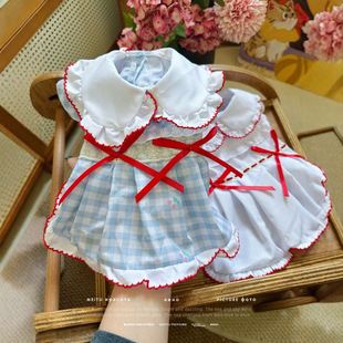 Dog Cat Clothes Retro Plaid Navy Collar Shirt Small Dog Marzis Pomerie Bear Teddy Spring and Autumn