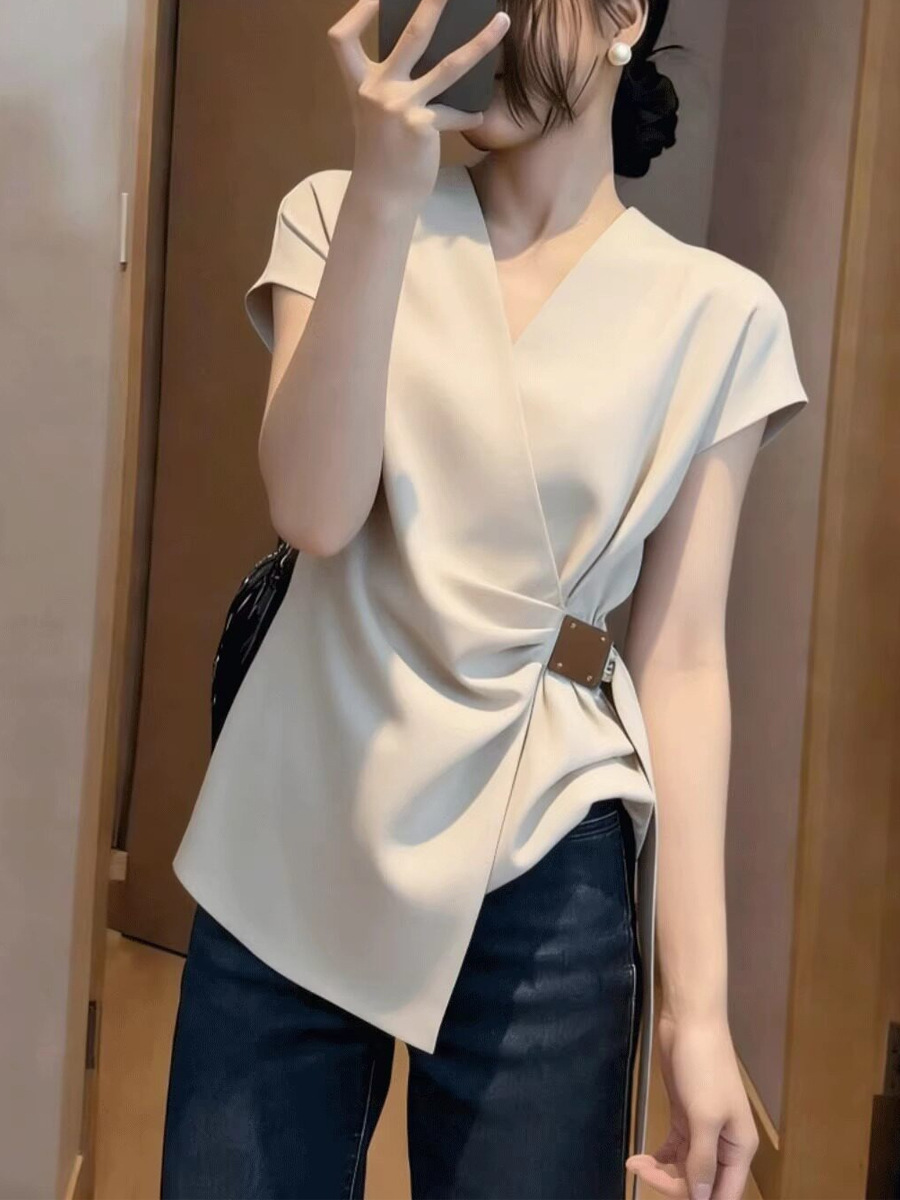 Áo thun nữ cổ V ngắn tay phong cách Pháp, thiết kế thắt lưng tạo dáng gầy — Màu ảnh