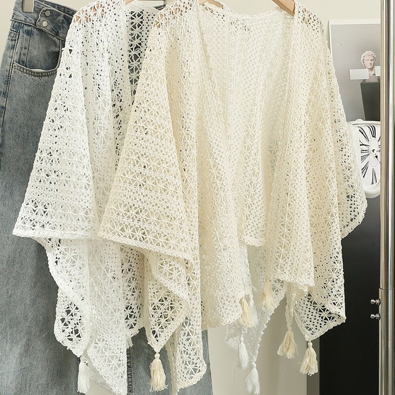 Hollow Retro Ethnic Holiday Style Women's Knitted Tassel Cardigan Women's Thin Spring and Autumn Shawl with Lace Shawl