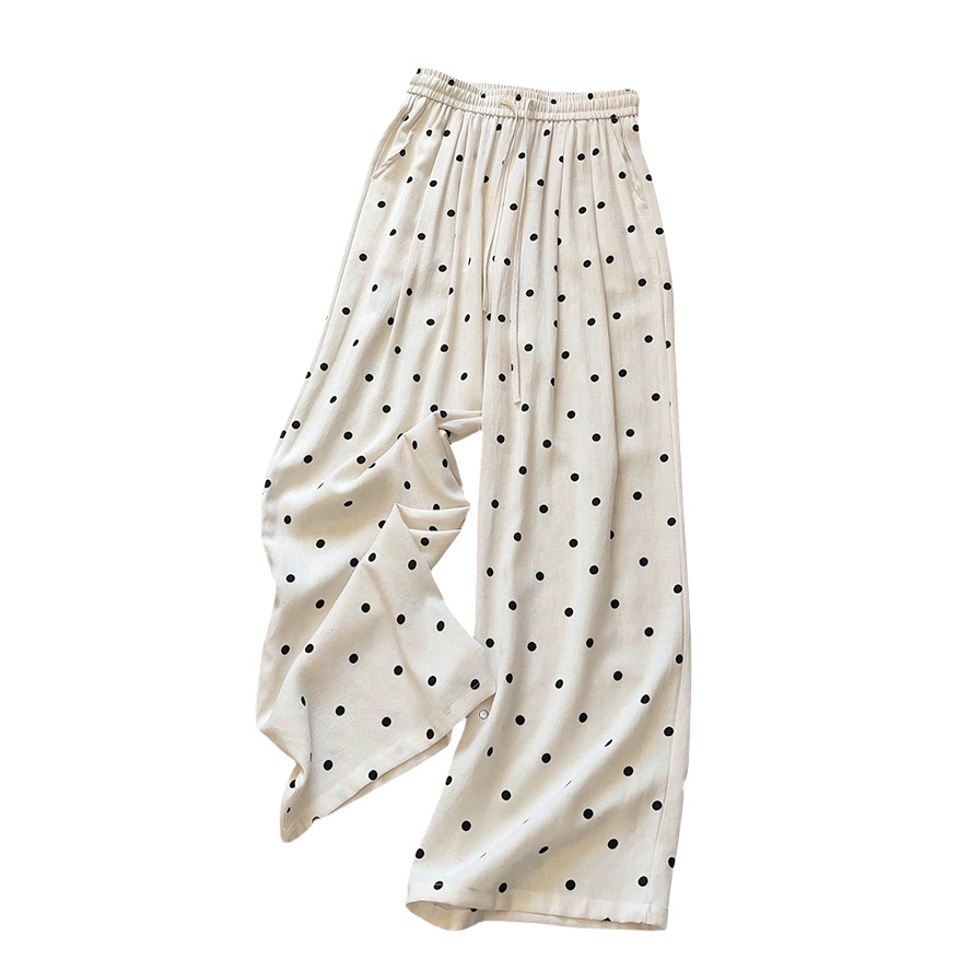 Muy colgante y suave ~ Pantalones de lunares de cintura elástica pantalones casuales de pierna ancha pantalones de lino de algodón color albaricoque 2025 pantalones frescos de verano