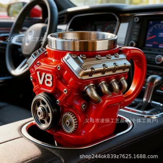 跨境新品V8引擎树脂带内胆马克杯简约个性机械引擎V6发动机杯摆件