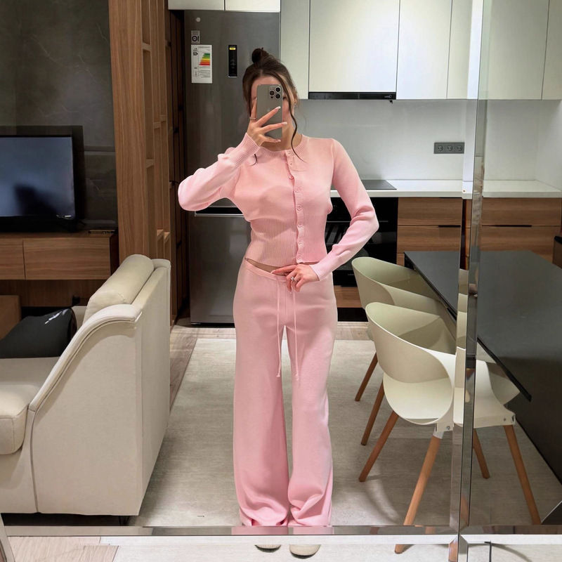 Solid Color Knitted Cardigan Top for Women in Autumn and Winter, Soft and Waxy Inner Wear, Slim Fit Round Neck Knitwear, Straight Pants Suit