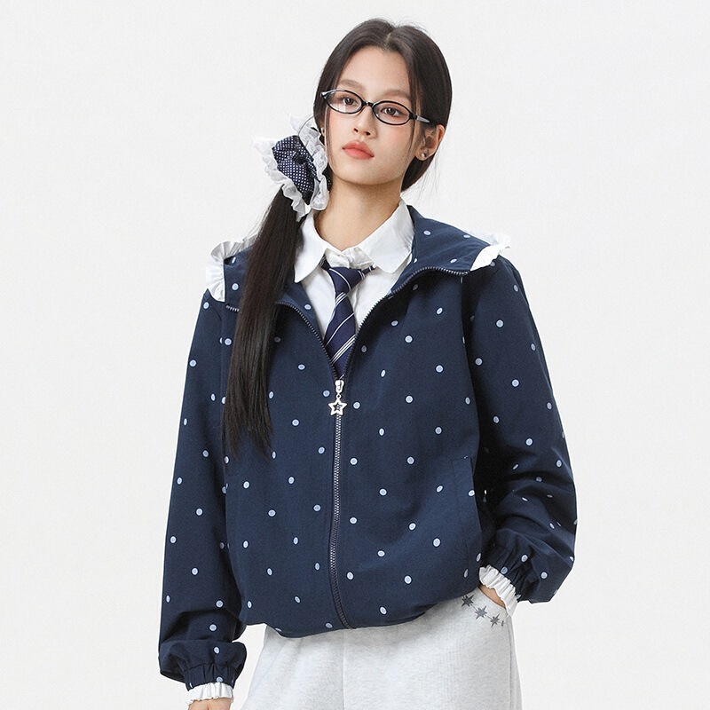 Women's thin jacket, Korean style retro polka dot casual hooded jacket with lace trim, waterproof color-blocking coat for men Women's thin jacket, Korean style retro polka dot casual hooded jacket with lace trim, waterproof color-blocking coat for men