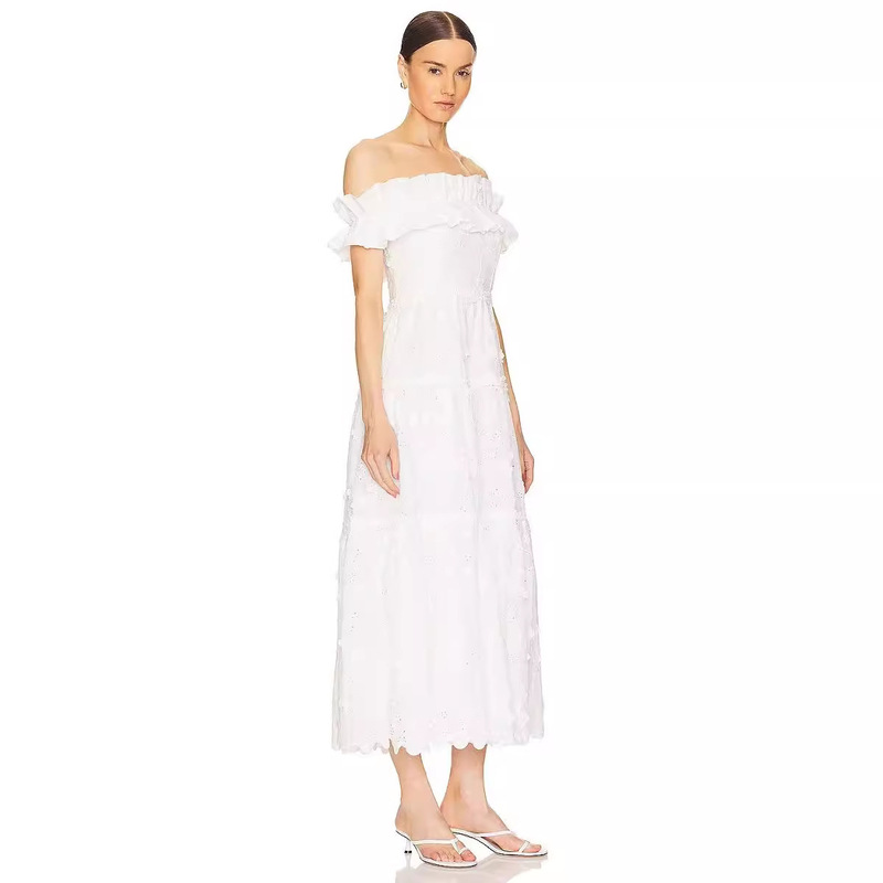 AliExpress Explosions Solid Color One-character Collar Ruffled Long Dress 2024 Summer New Style Celebrity Elegant Split dress