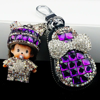 Diamond-embedded monqi car car key case cute creative car cartoon universal key case car key case (Static Rod/Key Bag) - purple-key-case-monchich
