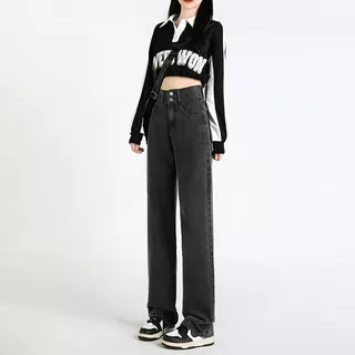 直筒黑灰色韩版牛仔裤女2022年新款秋冬高腰宽松显瘦拖地阔腿裤子