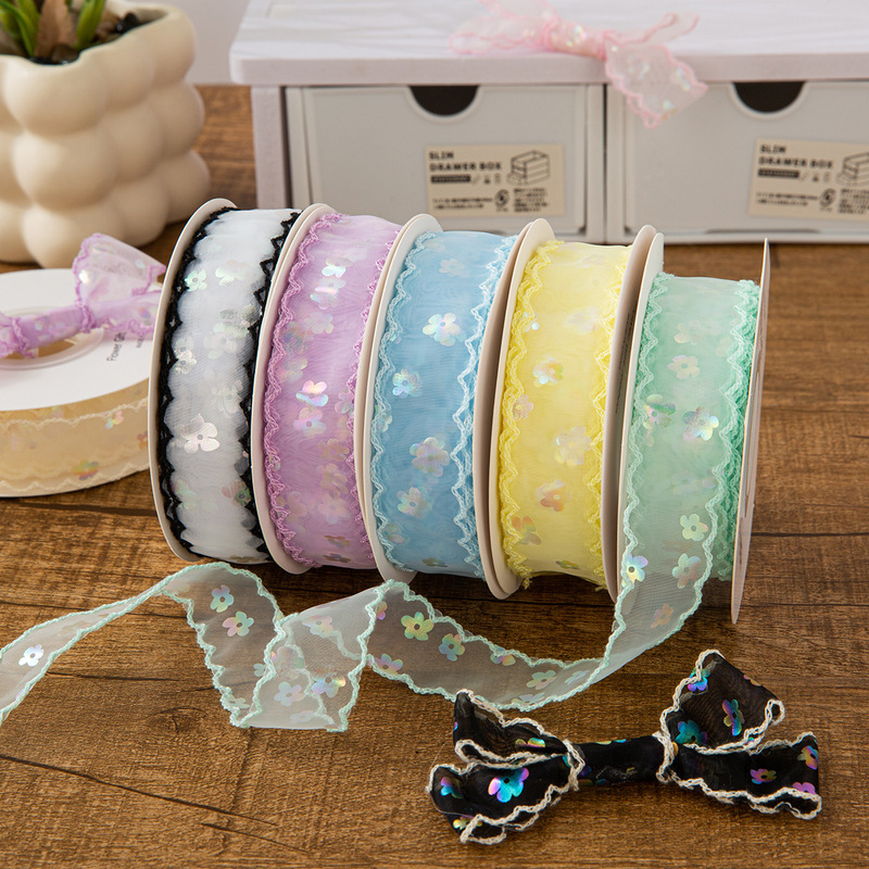 2.5cm Fresh and Bright Sequin Lace Ribbon with Handmade DIY Bow, Gift Toothed Edge Small Flower Clothing Accessory Ribbon 2.5cm Fresh and Bright Sequin Lace Ribbon with Handmade DIY Bow, Gift Toothed Edge Small Flower Clothing Accessory Ribbon