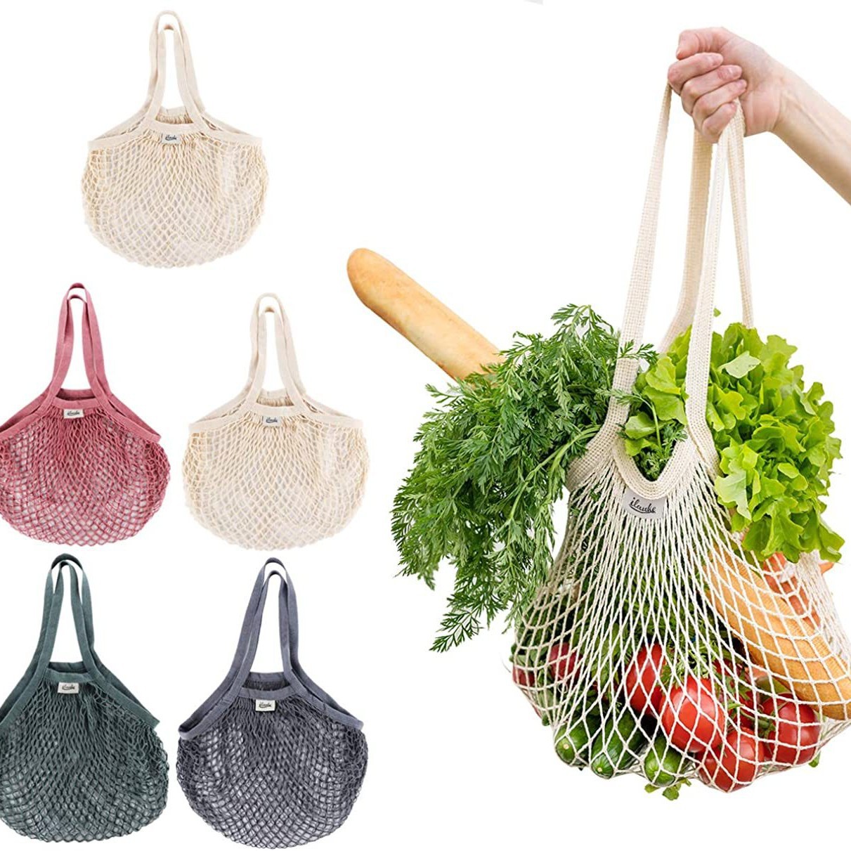 Bolsa de malla de algodón degradable algodón orgánico bolsa de malla portátil supermercado compras bolsa de malla de frutas y verduras bolsa de malla de algodón con cordón