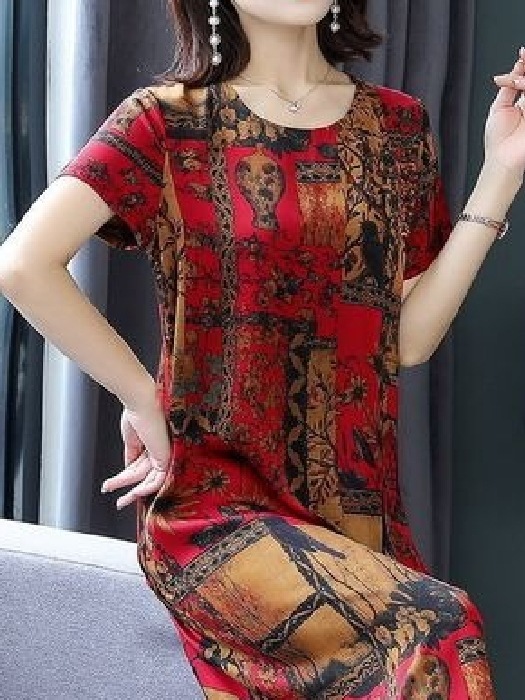模造アイスシルクレトロプリントドレス女性の夏の新しい半袖プリントミッドレングス中高年ママスカート|undefined