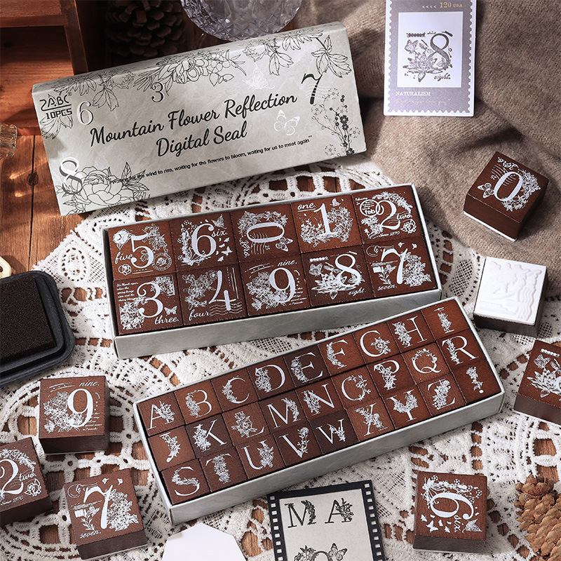 Flores raspando sello de caja de madera transfronterizo inglés alfanumérico combinación de sello flor y hierba mano sello de silicona