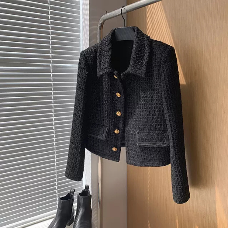 2025 Spring and Autumn New Vintage Short Top Baseball Jacket Black Tweed Coat for Petite Women