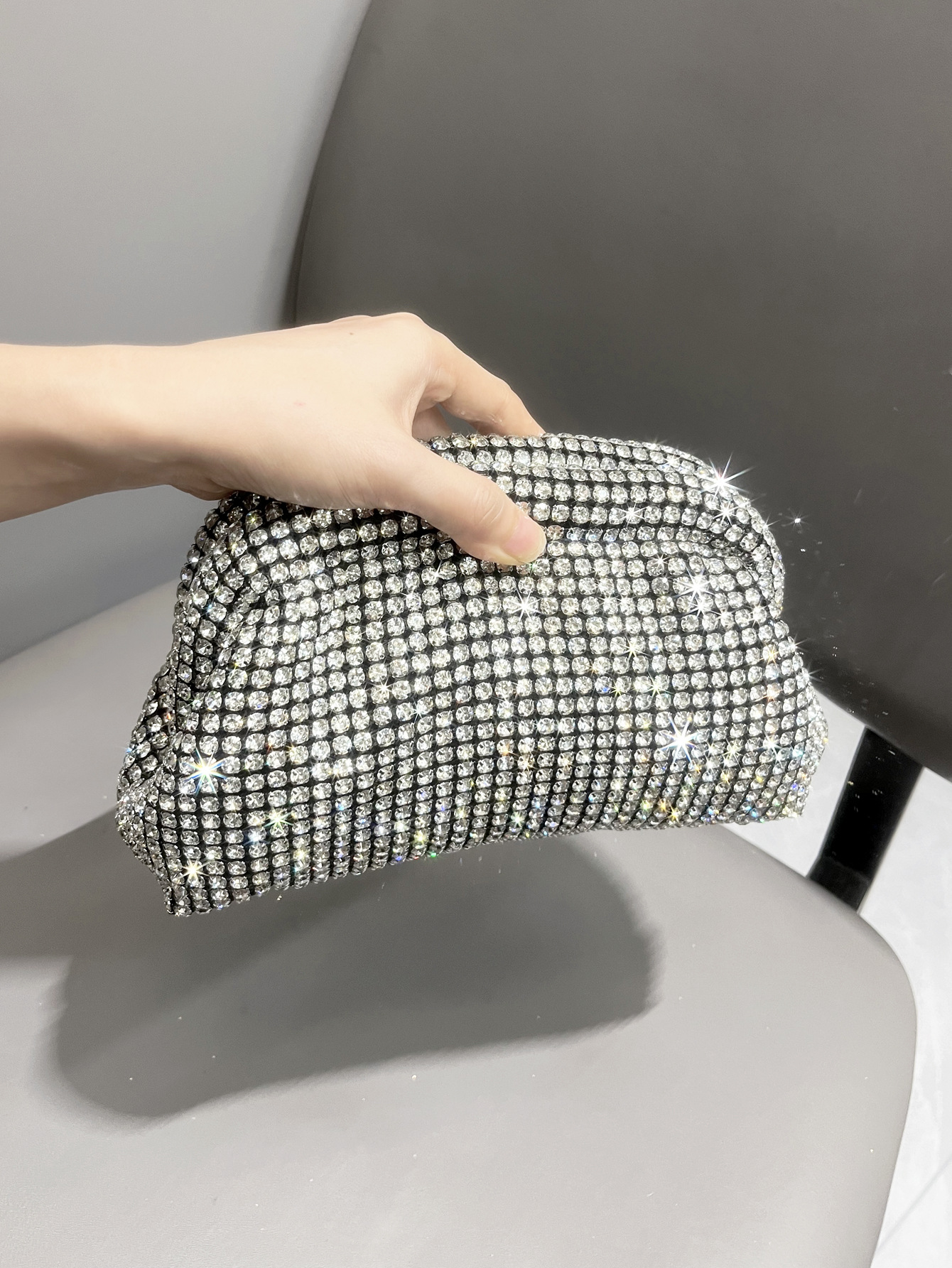297g Weight Silver Black Gold Rhinestone Solid Color Square Evening Bags