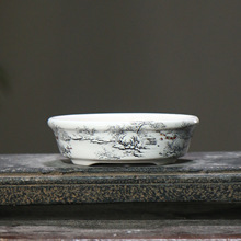 圆形贴花彩绘手绘陶瓷盆景盆白泥紫砂花盆中国风雪景图桌面盆栽