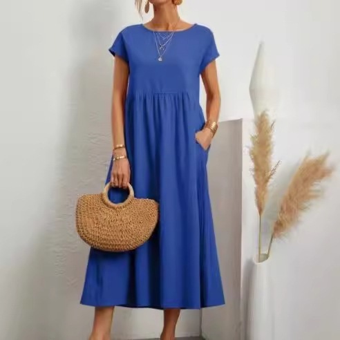 eBay Western-style solid color sleeveless loose cotton linen pocket dress
