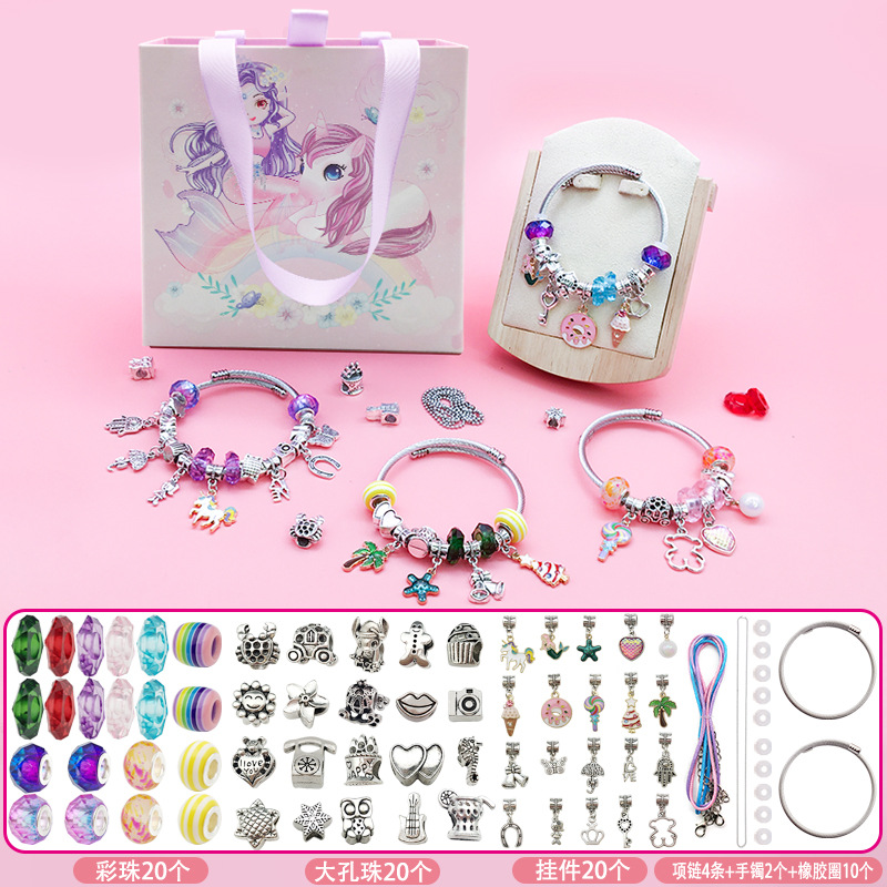 99 unids dibujos animados sirena unicornio océano serie niños DIY pulsera chica hecho a mano traje caja de regalo