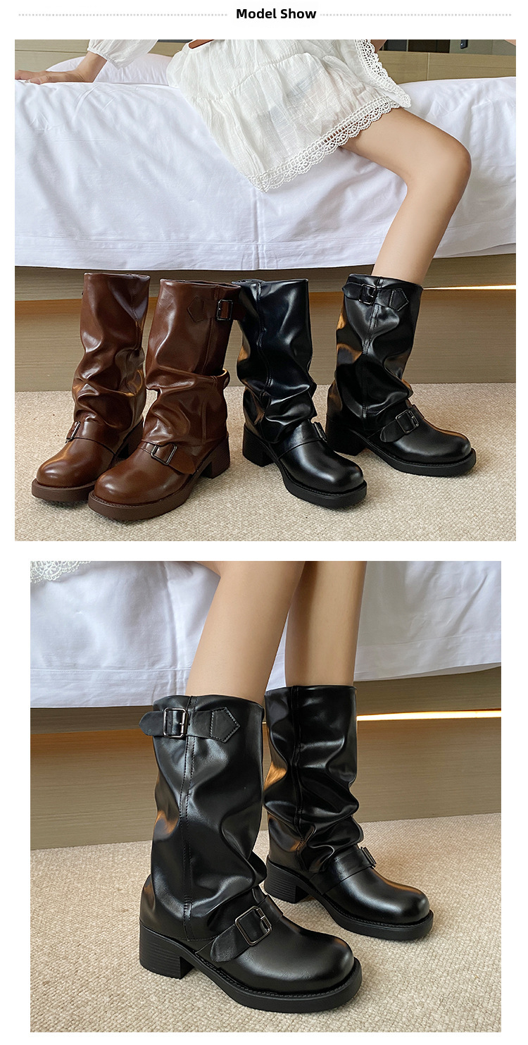 Stivali con fibbia a cintura e plissettati in pile per donna 2023 nuovi stivali retrò con tacco spesso e plateau a metà polpaccio stivali da sigaretta alla moda di strada_voghion.com