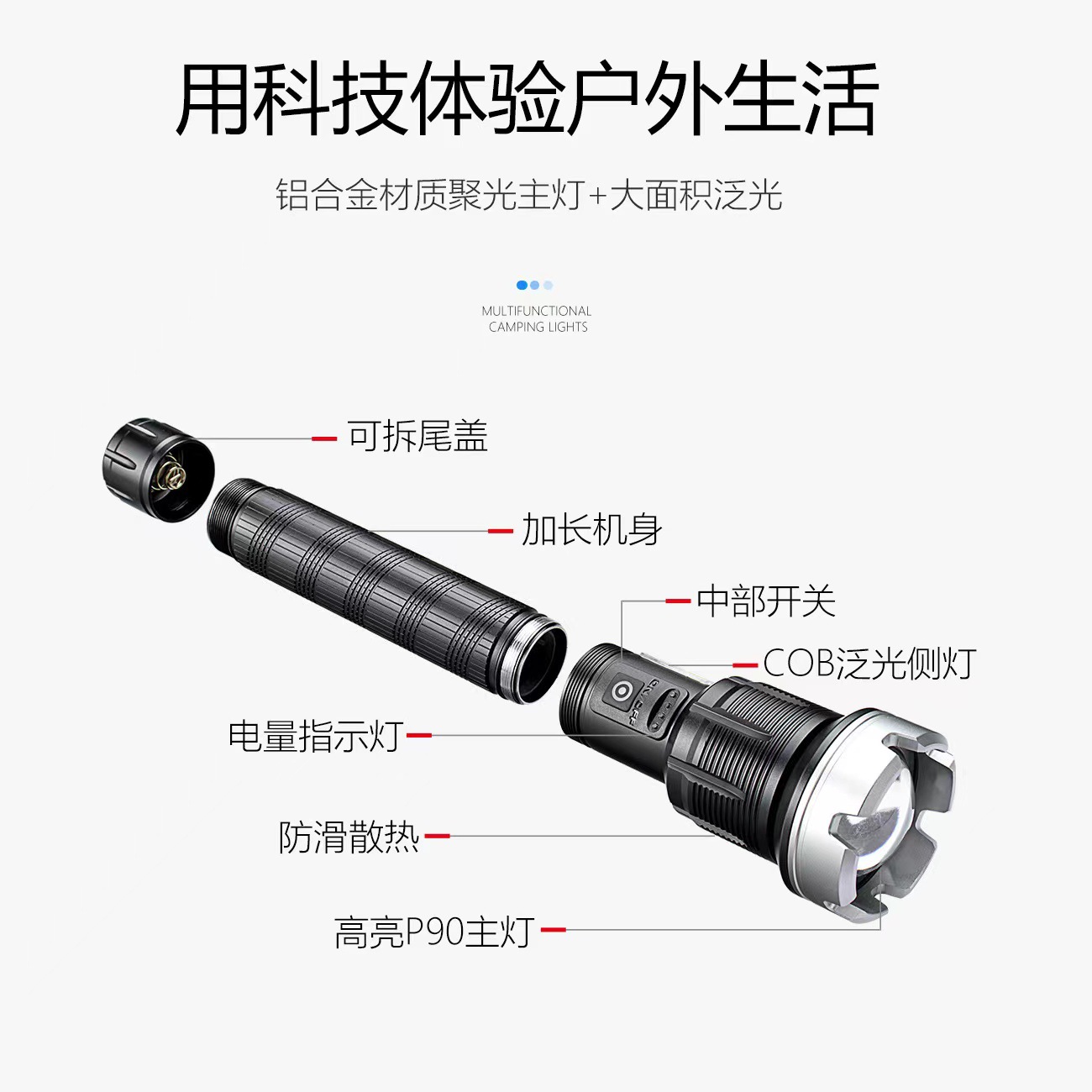 Transfronterizo nuevo zoom remoto XHPP70/P90 antorcha de luz fuerte con luz lateral COB LED linterna recargable al aire libre