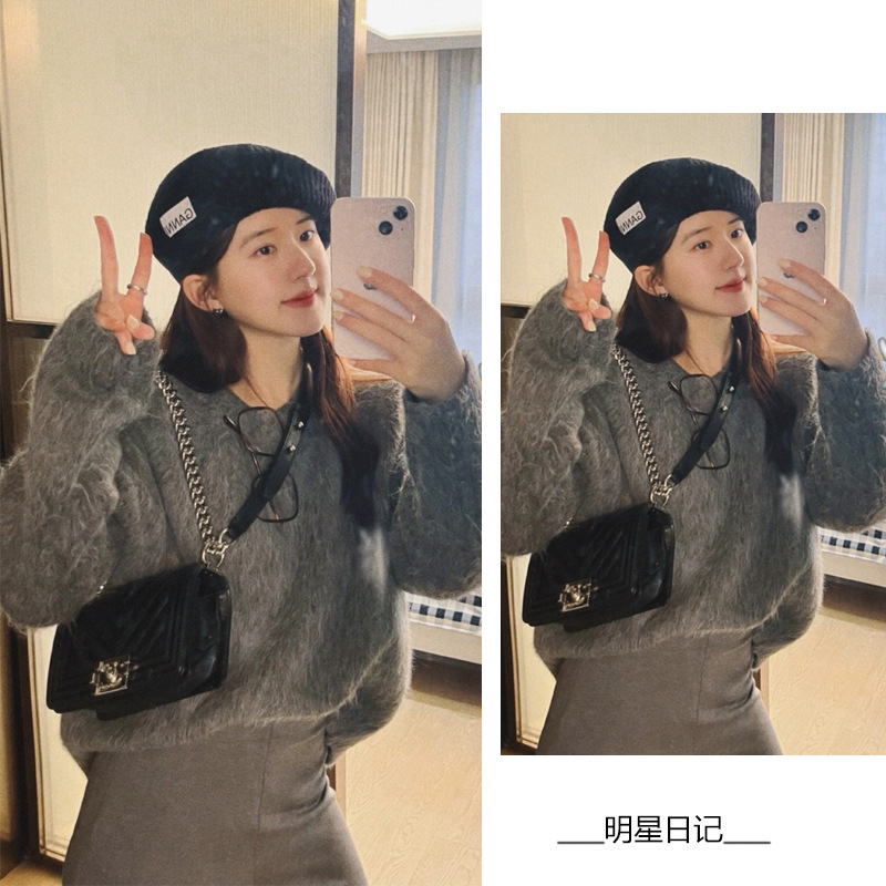 Zhao Lusi Star with Gray Lazy Style Sweater Korean Niche Soft Loose Cashmere Short Top Autumn