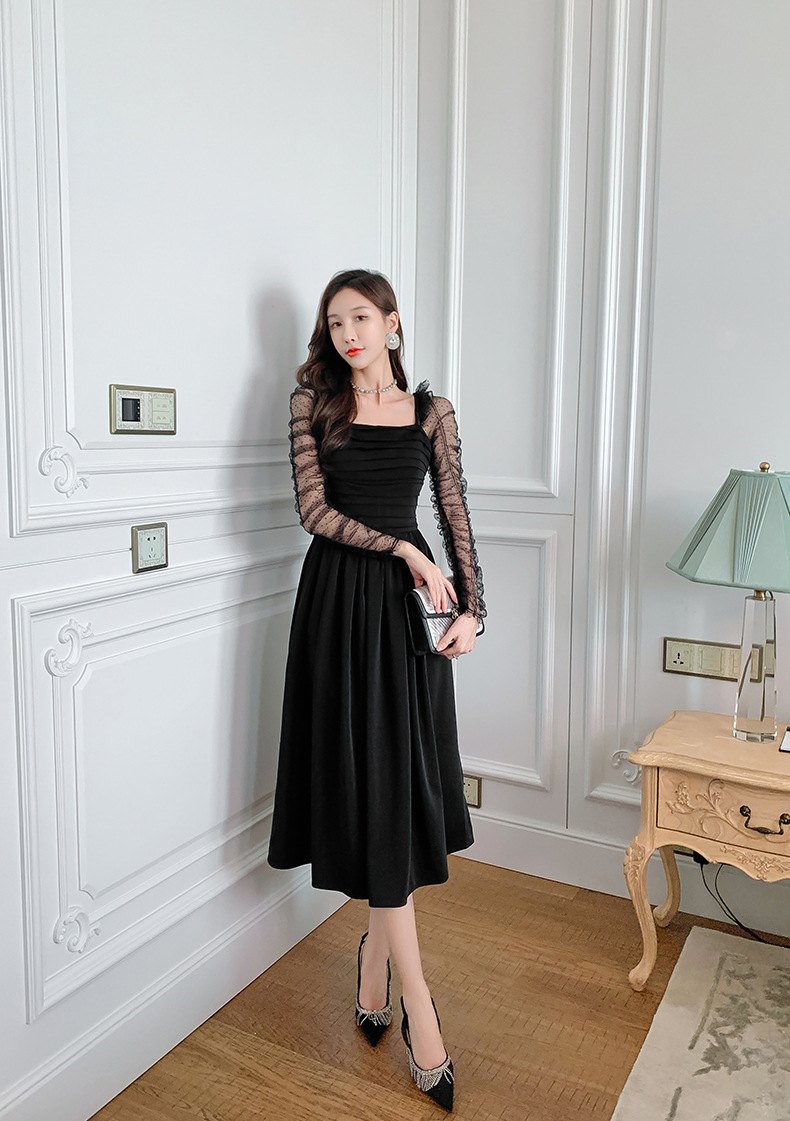 Váy đen ngắn kiểu Hepburn phối lưới tay bồng cổ vuông eo xếp ly — Màu đen chi tiết 11