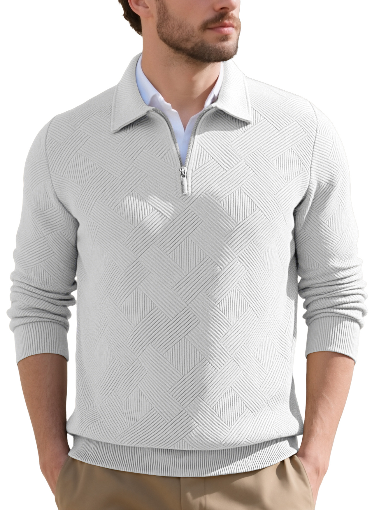 Transfronterizos Europa y América Amazon American otoño nuevo hombre retro jacquard manga larga con solapa media cremallera camiseta casual