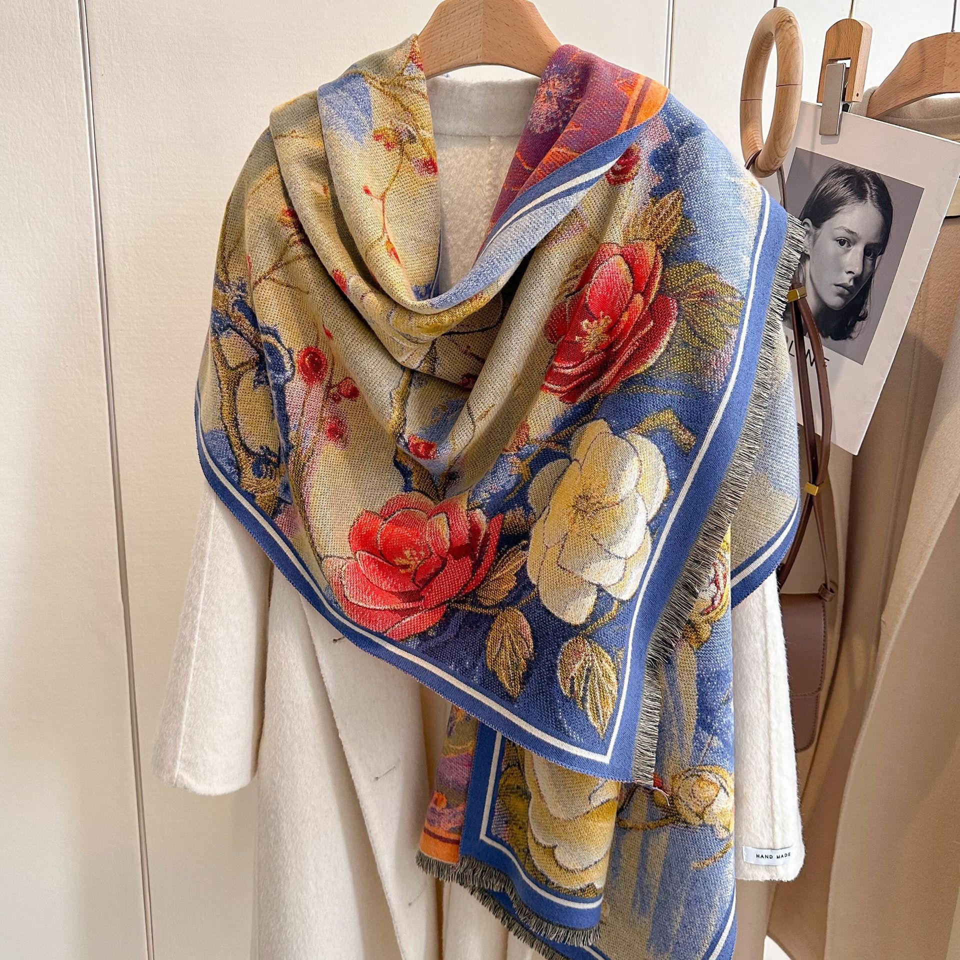 2024 serie de pintura al óleo retrógrada toallas largas mujeres versátiles literatura otoño invierno nuevo jacquard imitación de cashmere gruesa bufandas cálidas