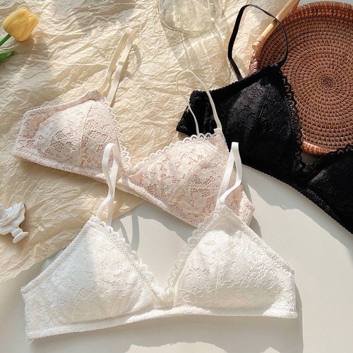 French lace pure lust triangle cup small breast girl underwear female student summer thin section without steel ring push-up bra