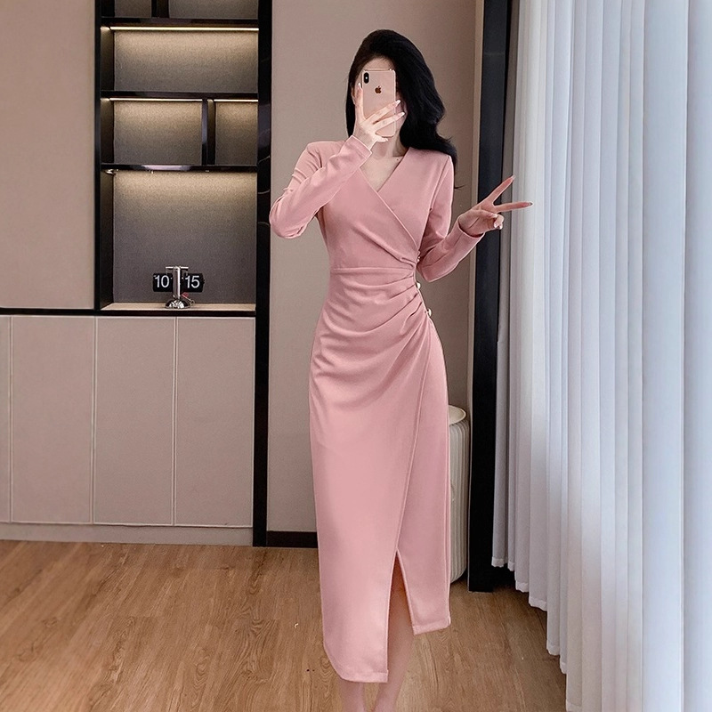 Thirteen Line Quality New Style Collar Long Sleeve dress Tight Waist Look Slim Formal Occasion French Style Dress