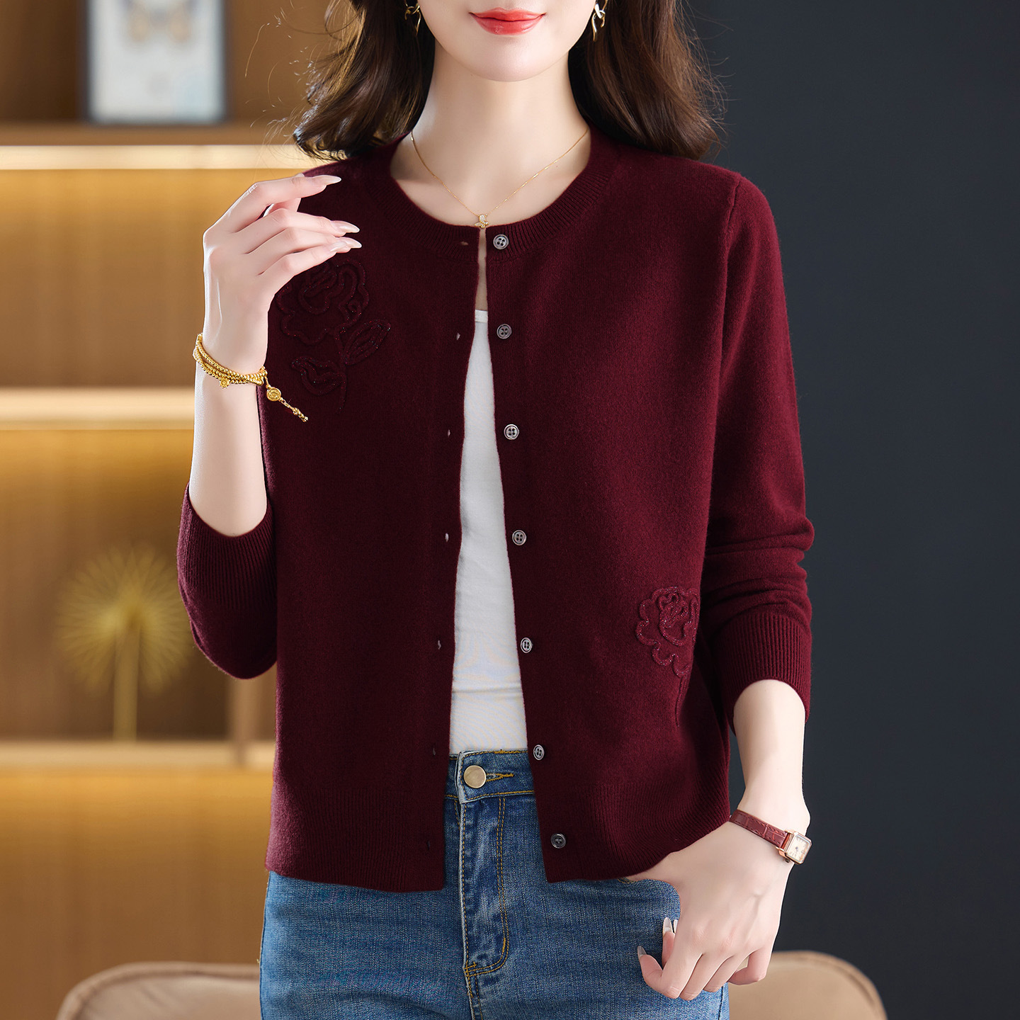 气质羊毛2025春秋新款钉珠花朵针织开衫女洋气100%羊毛百搭上衣，女装针织衫/毛衣，妃慕昵服饰