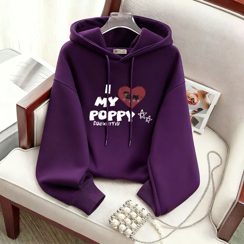 Hooded Sweatshirt for Women, Fleece-Lined, 2025 New Model, Spring, Autumn, Winter, Thin Style, Five-Star Puppy Heart Design, Short Jacket