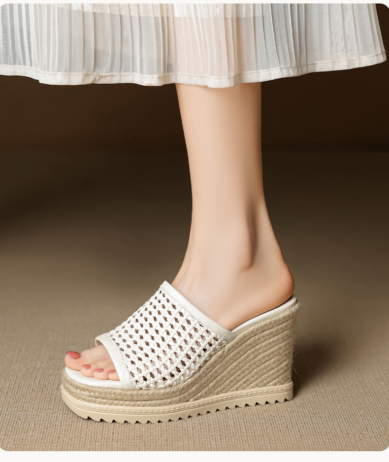 Sandal cao gót nữ mũi vuông đế rơm gót 10 cm — màu đen, màu trắng chi tiết 5