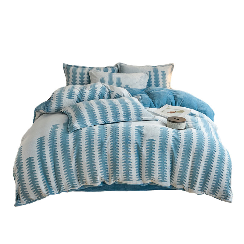 Invierno engrosado tallado cama de peluche cuatro piezas cubierta de edredón de peluche sábanas de peluche de leche engrosadas ropa de cama caliente