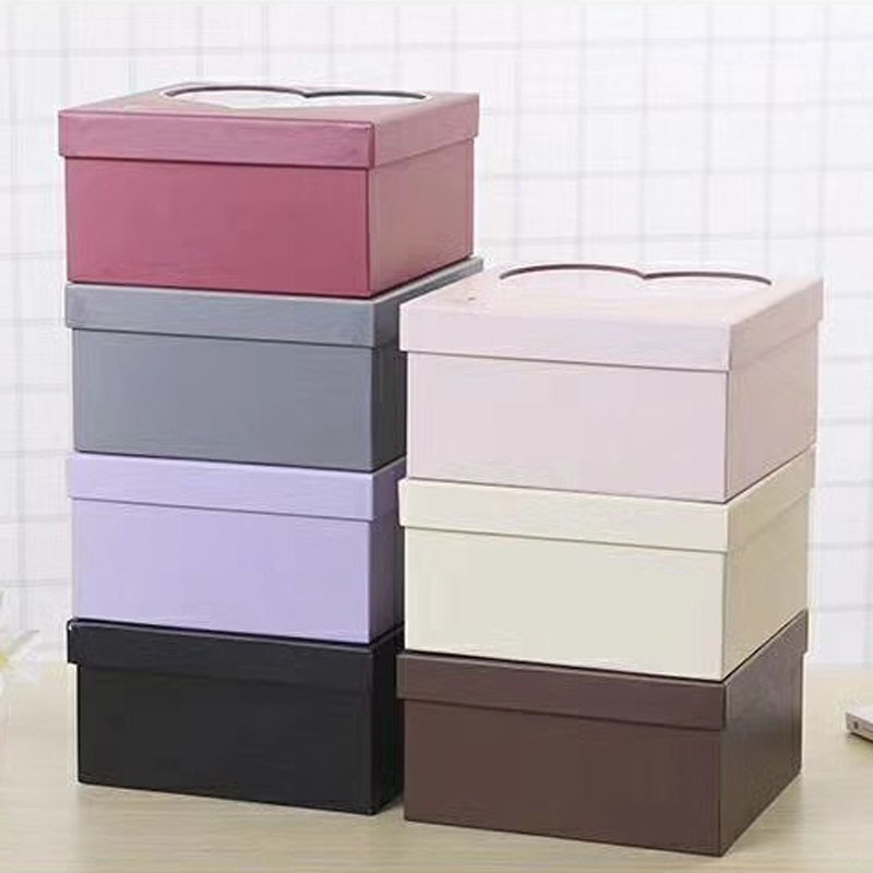 新款鲜花包装盒心形开窗方形礼盒创意心形烫金PVC天地盖盒鲜花盒