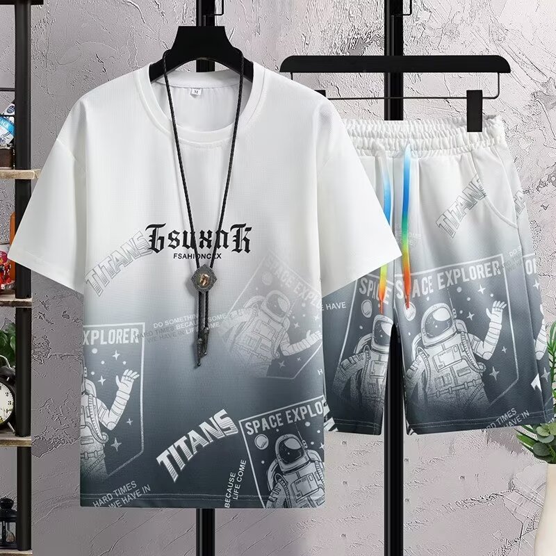 Camisas menos ropa verano nuevo estilo hombres tendencia de color degradado casual juventud deportes moda comercio exterior pantalones cortos de dos piezas