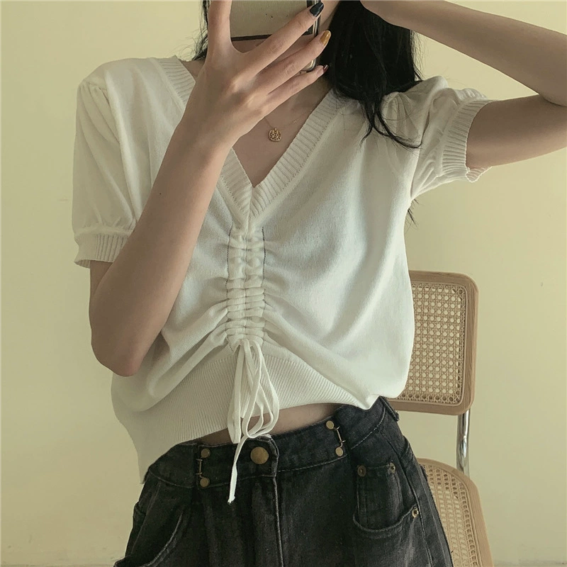 Knitted sweater, T-shirt, drawstring, puff sleeves