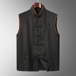 Xiangyunsha Tang Suit Men's Vest Spring and Summer Silk Buttoned Stand Collar Vest 100 Mulberry Silk Dad Suit Chinese Style