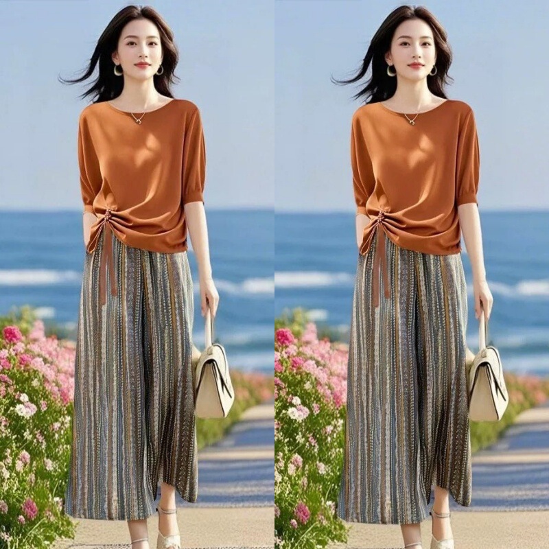 Bohemian Holiday Loose suit 2025 Belly-Covering Knit Two-Piece Set with Staggered Waist Printed Wide-Leg Pants