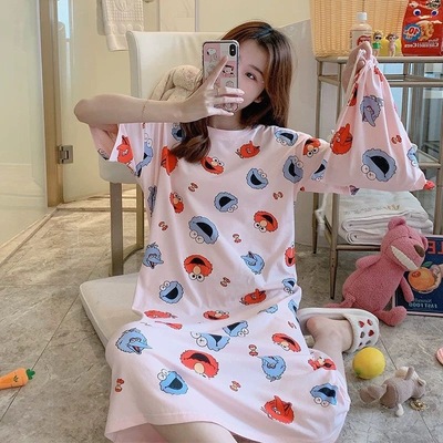 Camisón de las mujeres pijamas de verano Mediados de falda estilo princesa coreana fresca dulce suelta manga corta más tamaño vestido de una pieza con bolsa de tela