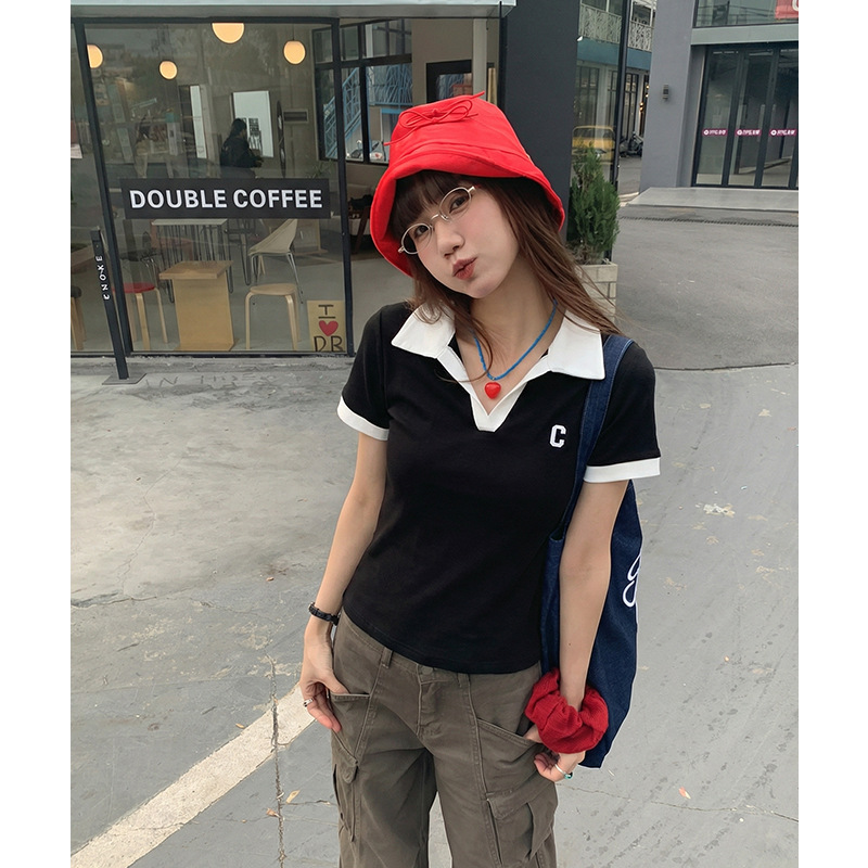 实拍 #撞色polo领T恤女短袖夏季锁骨别致v领短款上衣体恤