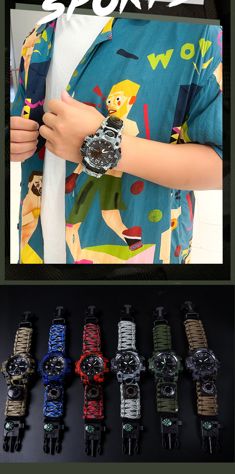 Nuevo reloj de pulsera con diseño de paraguas y cuerda, reloj electrónico con silbato, brújula y termómetro, reloj deportivo para exteriores para hombre._voghion.com