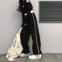 大码胖妹妹高街束脚休闲运动裤女春秋新款抽绳显瘦直筒阔腿长裤子
