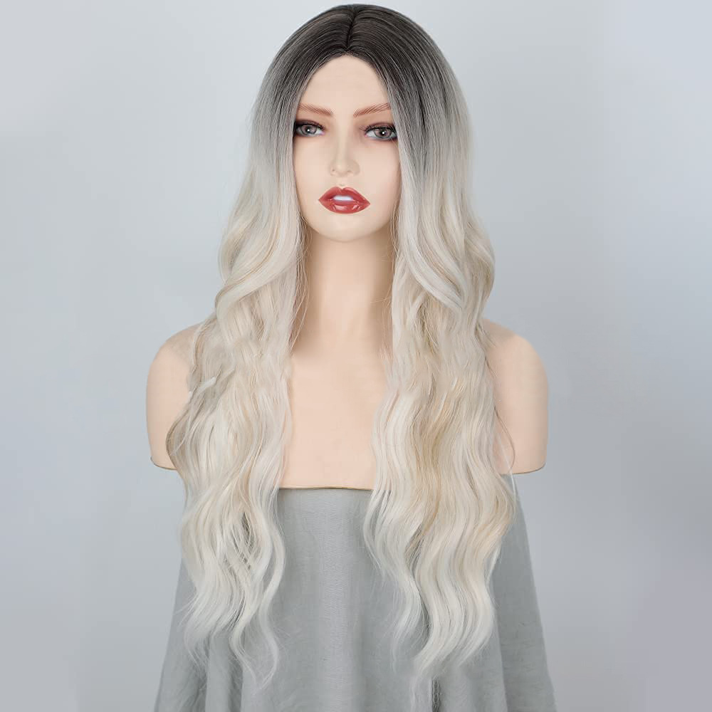 Peluca ondulada larga gradiente Peluca de oro blanco femenino medio rizado pelo sintético fábrica en stock al por mayor