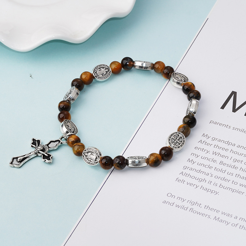 Amazon's Best-Selling Tiger Eye Stone Cross Vintage Fashion Jewelry Obsidian Agate New Style Alloy Bracelet