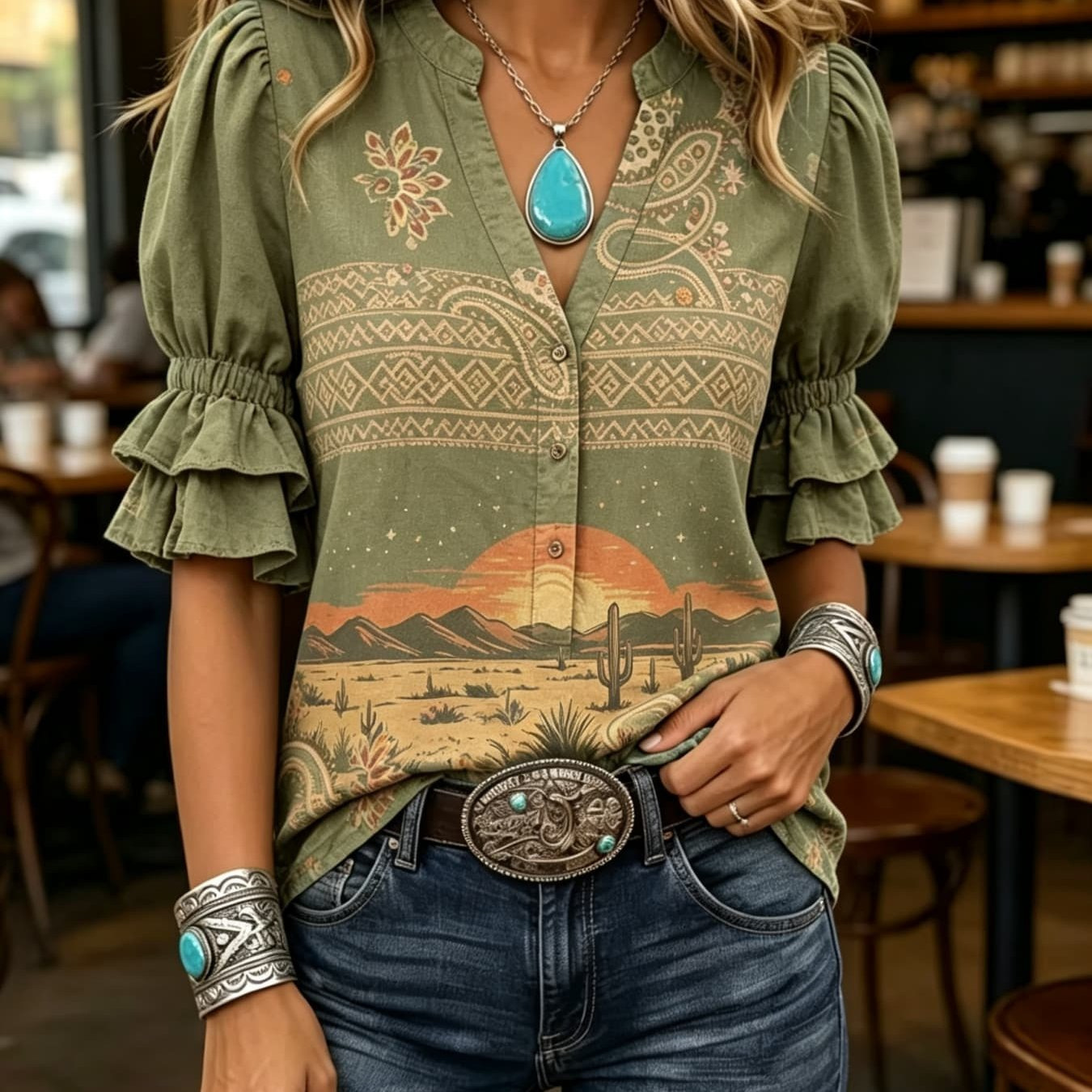 Transfronterizo exclusivo para camisas de impresión vintage mujeres sueltas de cuello en V de manga corta chaqueta bohemiana Europa y América nuevo transfronterizo image 40