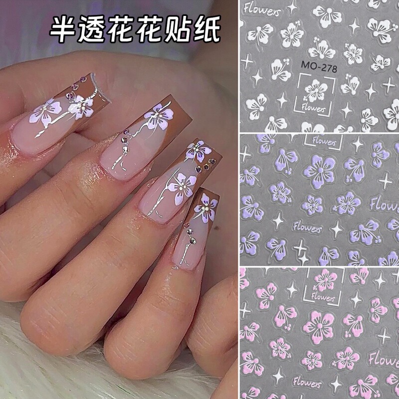 Relief three-dimensional semi-transparent small white flower nail stickers pink purple wearing nail patch Yiwu manufacturers wholesale Relief three-dimensional semi-transparent small white flower nail stickers pink purple wearing nail patch Yiwu manufacturers wholesale