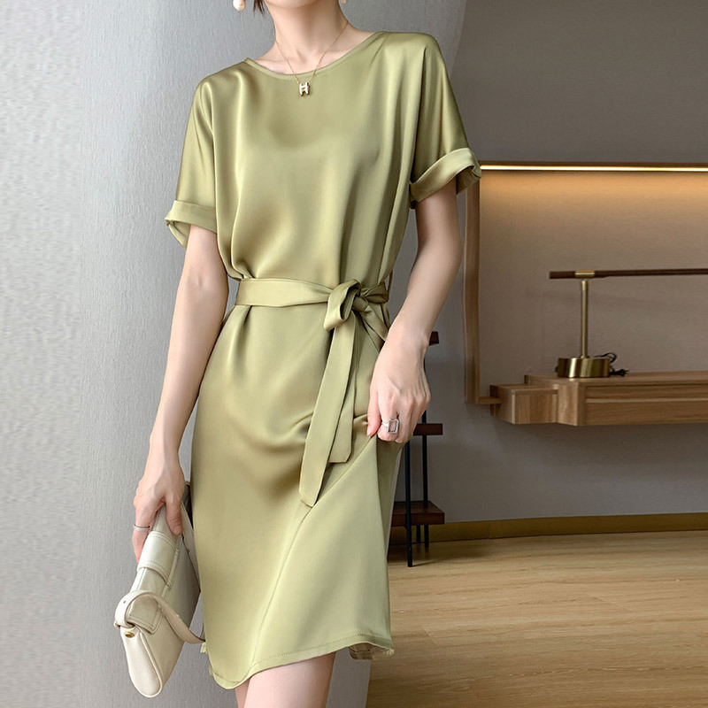 Silk Satin Drapey Slimming Versatile Women's Round Neck Dress French Solid Color Elegant Satin Mid-Length Dress