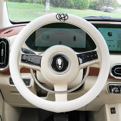 Seasons, Steering Wheel Protective Cover, Steering wheel cover - cotton-and-linen-embroidered-single-camellia-steering-wheel-cover-white-38cm