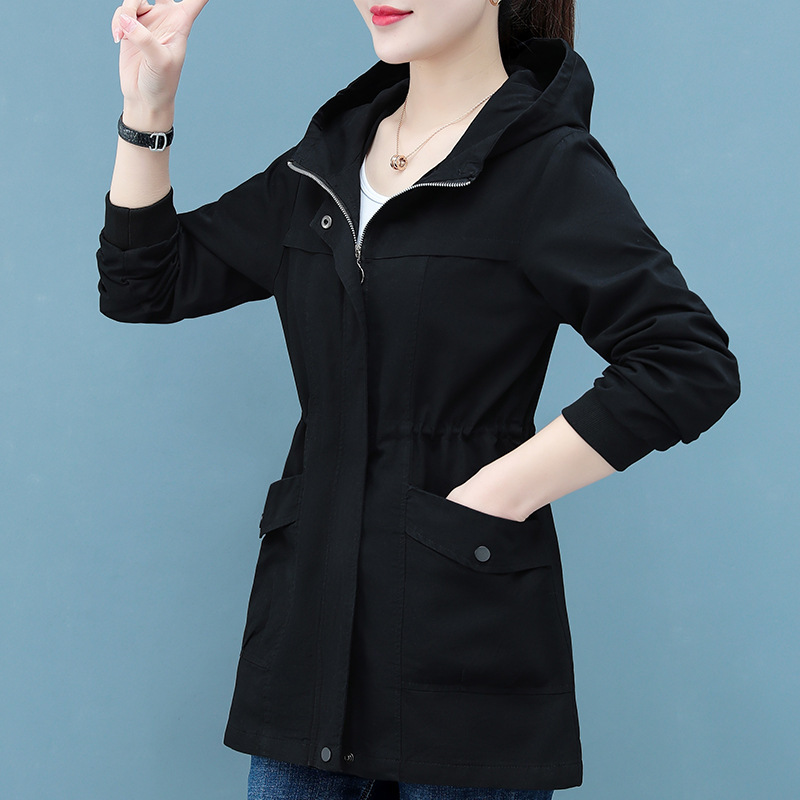 Hooded thin mid-length casual trench coat for women Spring and Autumn Korean style large pocket elegant age-reducing waist slimming trendy Hooded thin mid-length casual trench coat for women Spring and Autumn Korean style large pocket elegant age-reducing waist slimming trendy