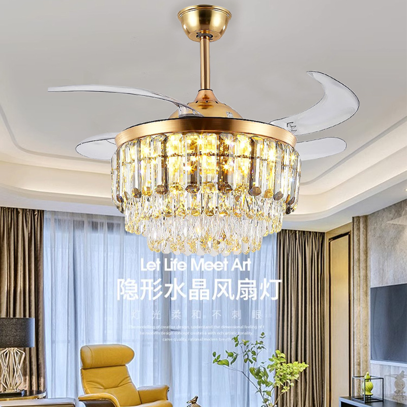 European-style crystal invisible ceiling fan lamp for living room, bedroom, dining room, household decoration, smart variable speed fan, cross-border