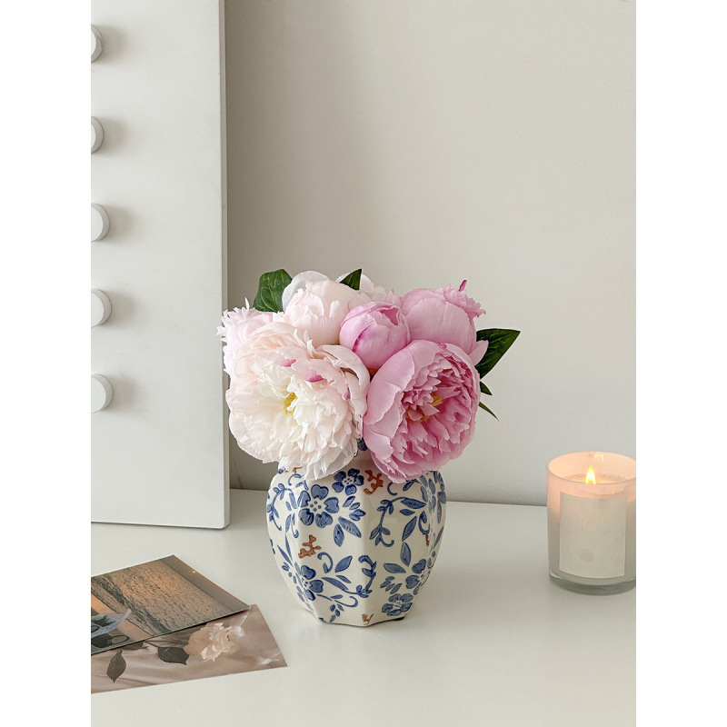 Nuevo jarrón de cerámica azul china nueva decoración de estilo chino sala de estar floral decoración de vestíbulo de estilo antiguo peonía floral